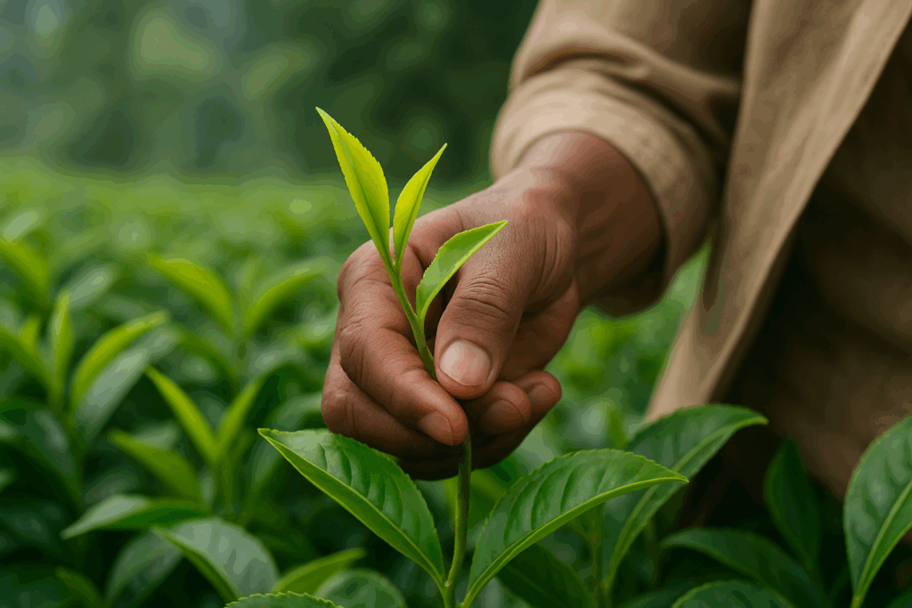 Close up of first flush tea leaves being pluked