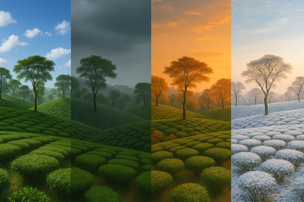 A scenic view of Assam tea gardens during different seasons