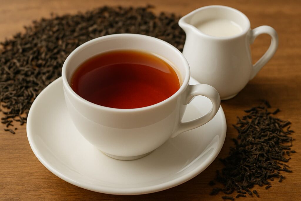 A cup of second flush Assam tea with milk on the side