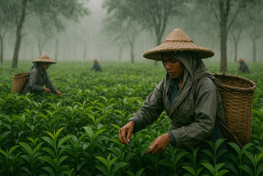 Rainy Assam plantation with tea pickers at work