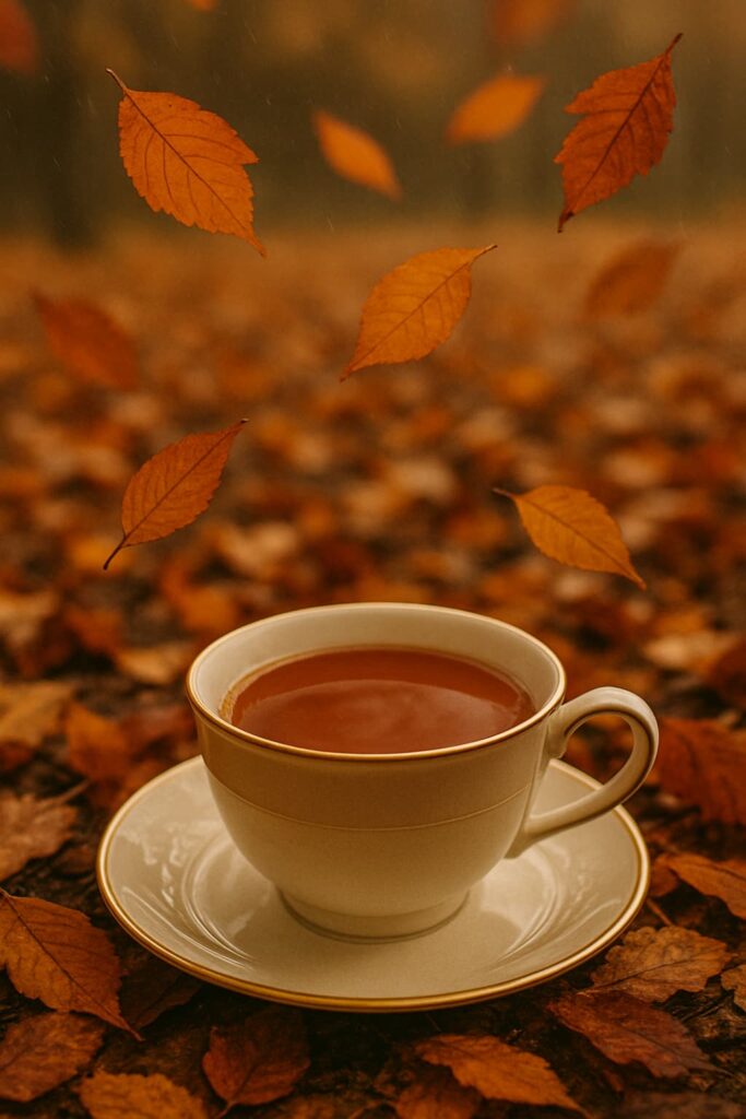 Warm autumn tones in a tea cup with falling leaves background